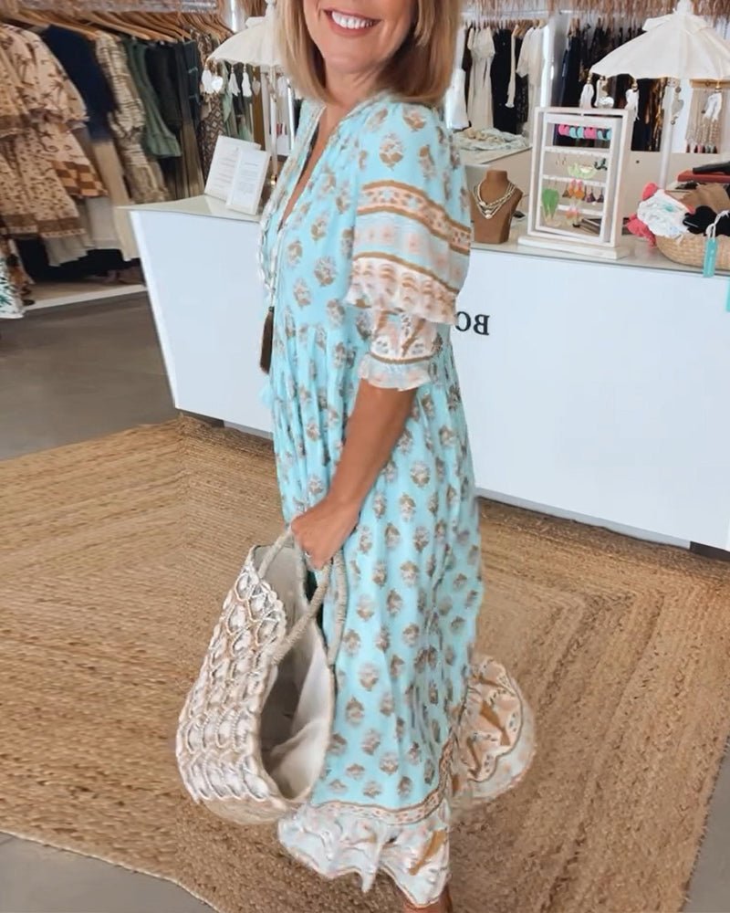Phoebe | Classic Printed V-Neck Maxi Linen Dress
