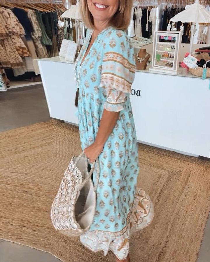 Phoebe | Classic Printed V-Neck Maxi Linen Dress