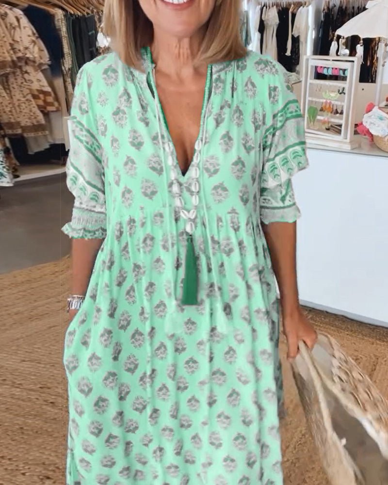 Phoebe | Classic Printed V-Neck Maxi Linen Dress