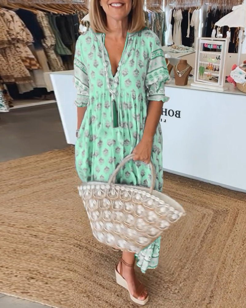 Phoebe | Classic Printed V-Neck Maxi Linen Dress