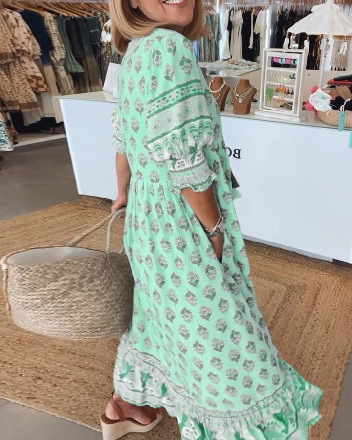 Phoebe | Classic Printed V-Neck Maxi Linen Dress