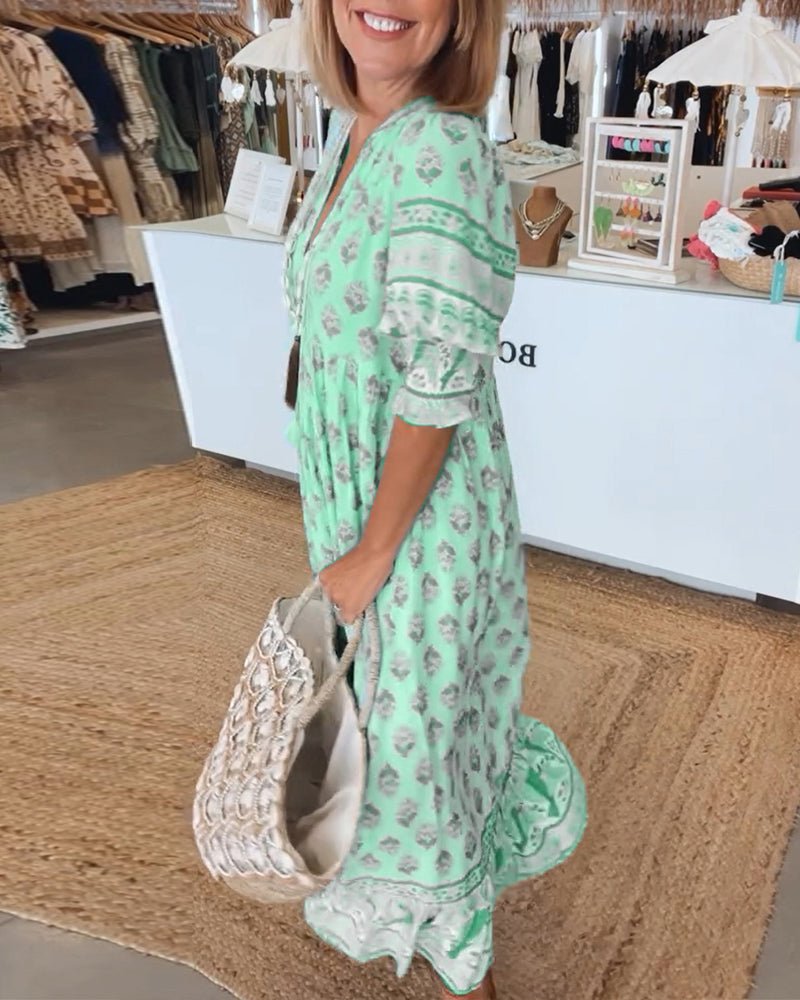 Phoebe | Classic Printed V-Neck Maxi Linen Dress