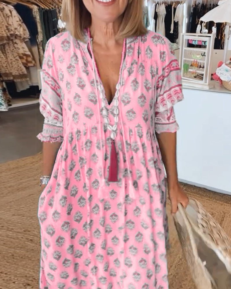 Phoebe | Classic Printed V-Neck Maxi Linen Dress