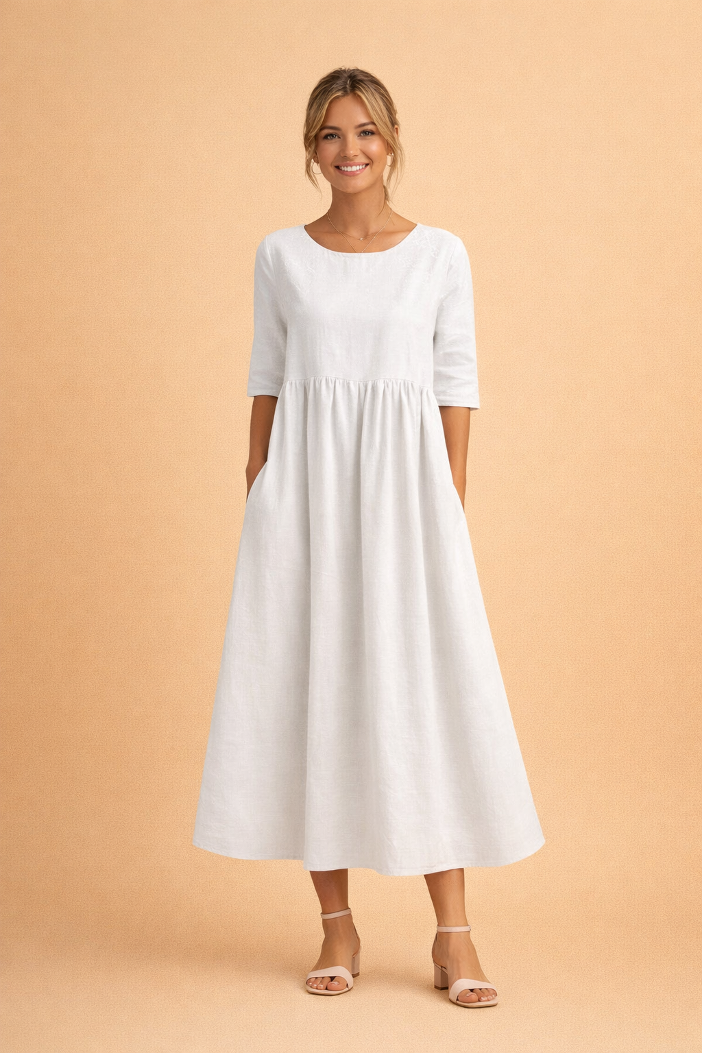 Remi | Timeless Gathered A-Line Midi Dress with Sleeves