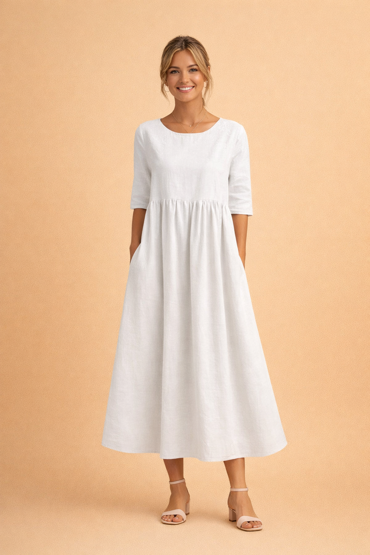 Remi | Timeless Gathered A-Line Midi Dress with Sleeves