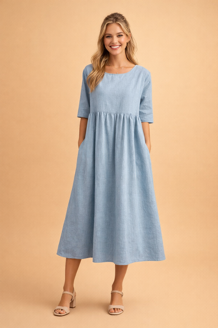 Remi | Timeless Gathered A-Line Midi Dress with Sleeves