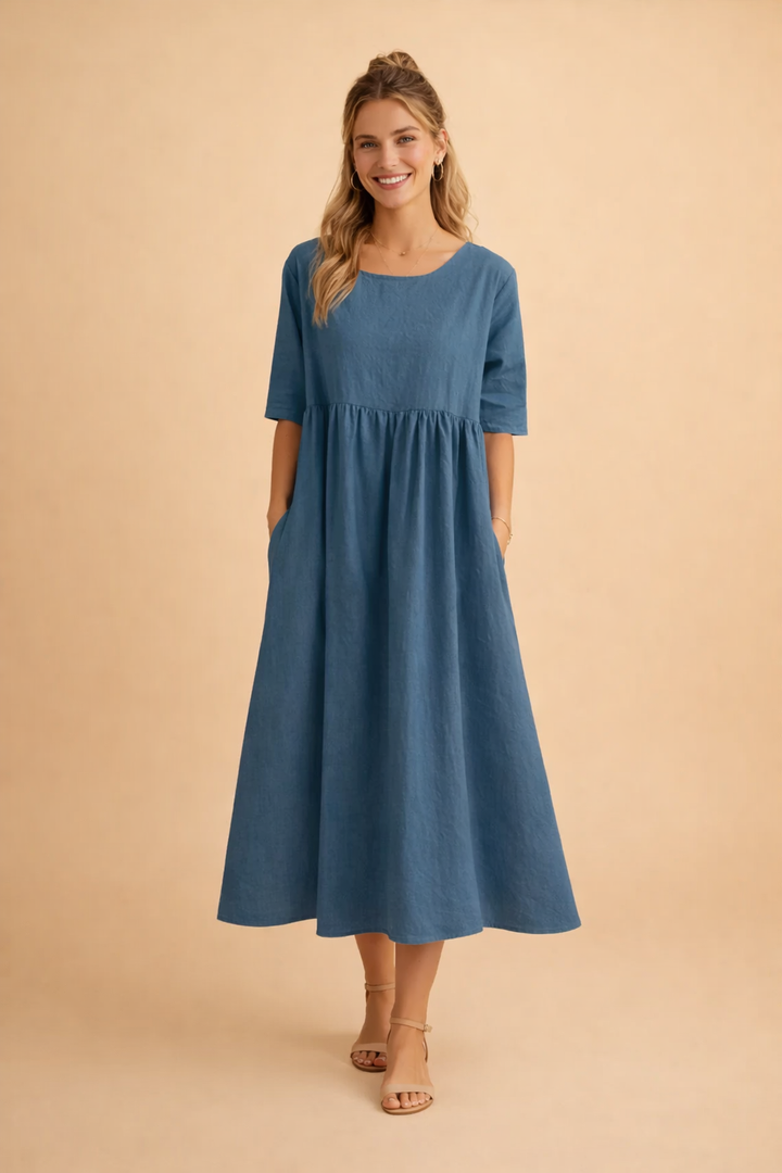 Remi | Timeless Gathered A-Line Midi Dress with Sleeves