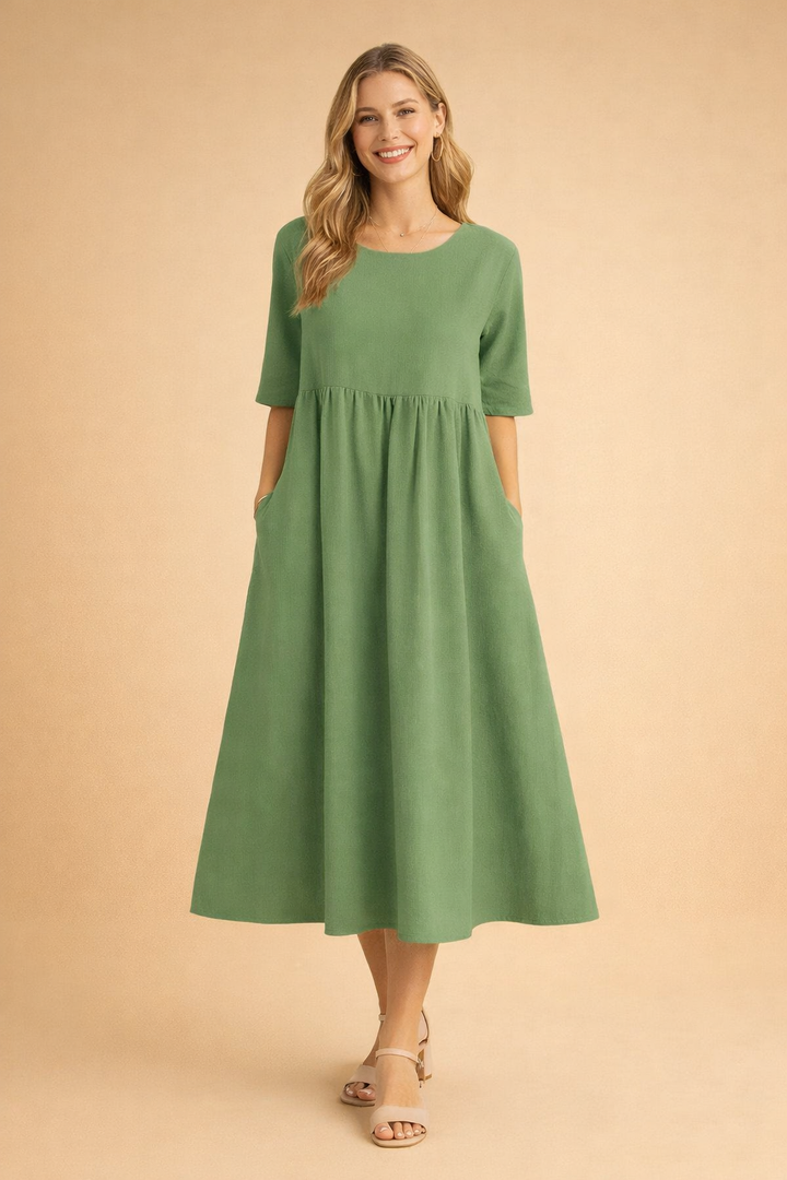 Remi | Timeless Gathered A-Line Midi Dress with Sleeves