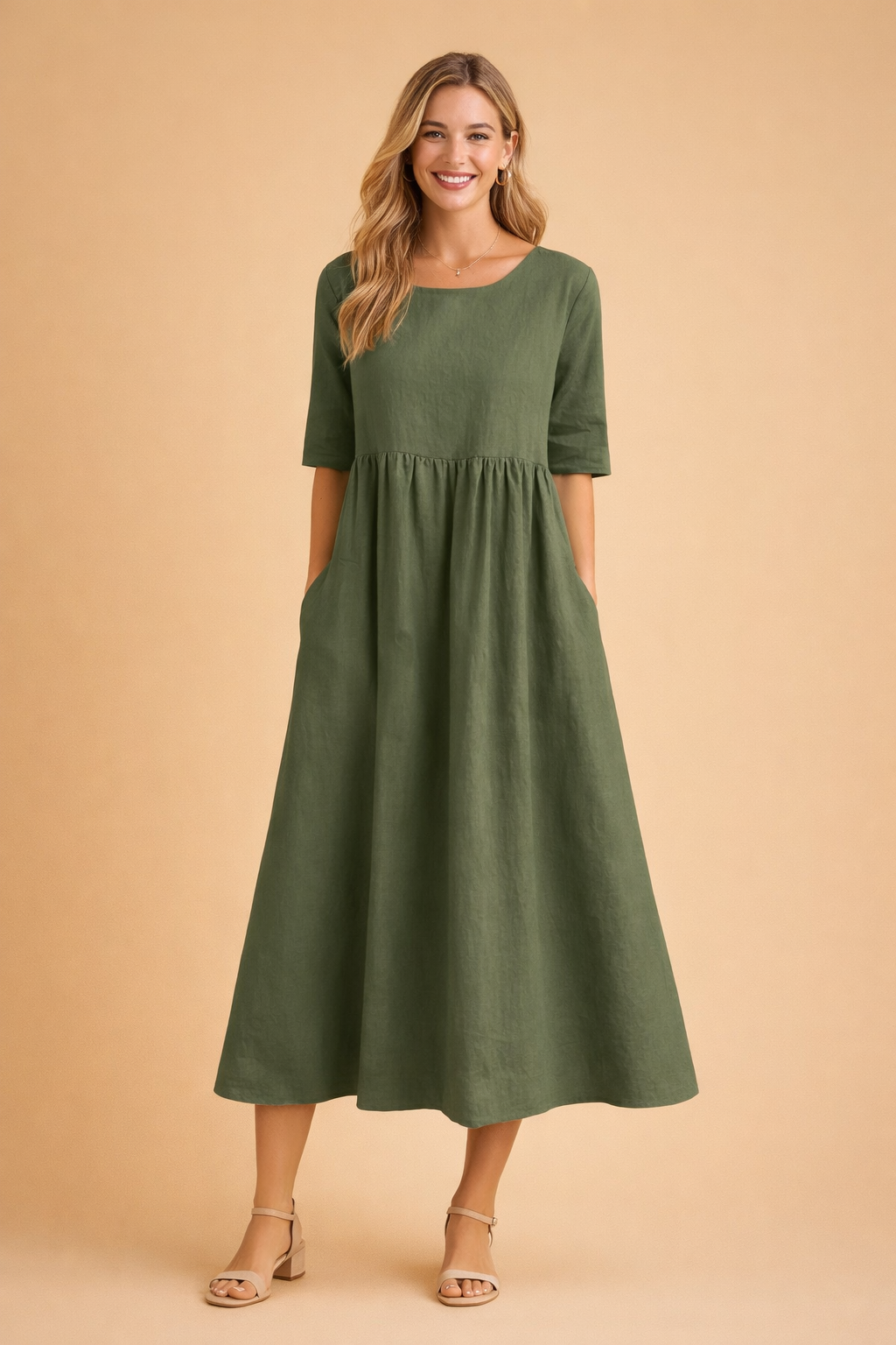 Remi | Timeless Gathered A-Line Midi Dress with Sleeves