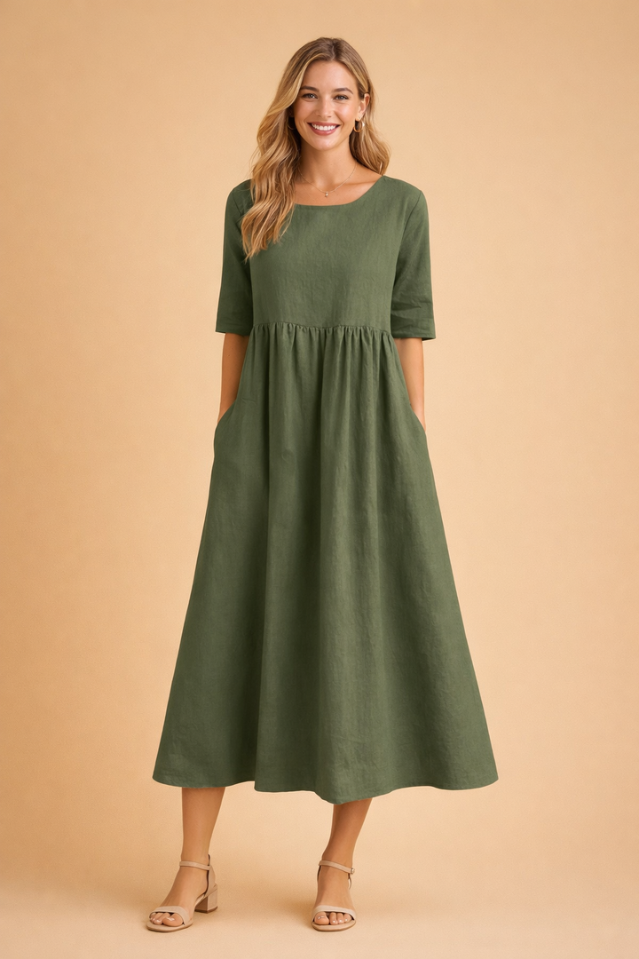Remi | Timeless Gathered A-Line Midi Dress with Sleeves