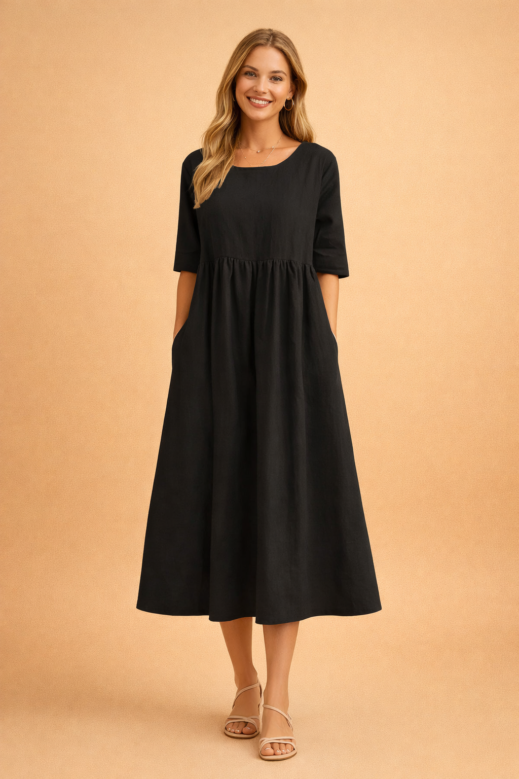 Remi | Timeless Gathered A-Line Midi Dress with Sleeves