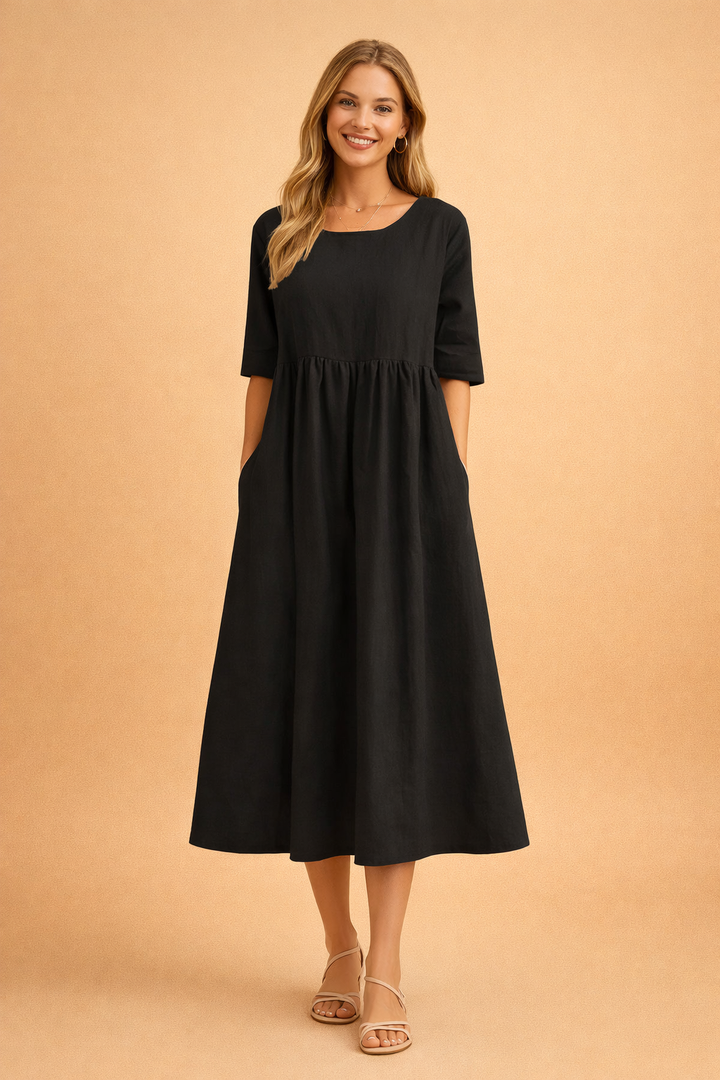 Remi | Timeless Gathered A-Line Midi Dress with Sleeves