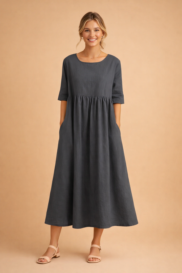 Remi | Timeless Gathered A-Line Midi Dress with Sleeves