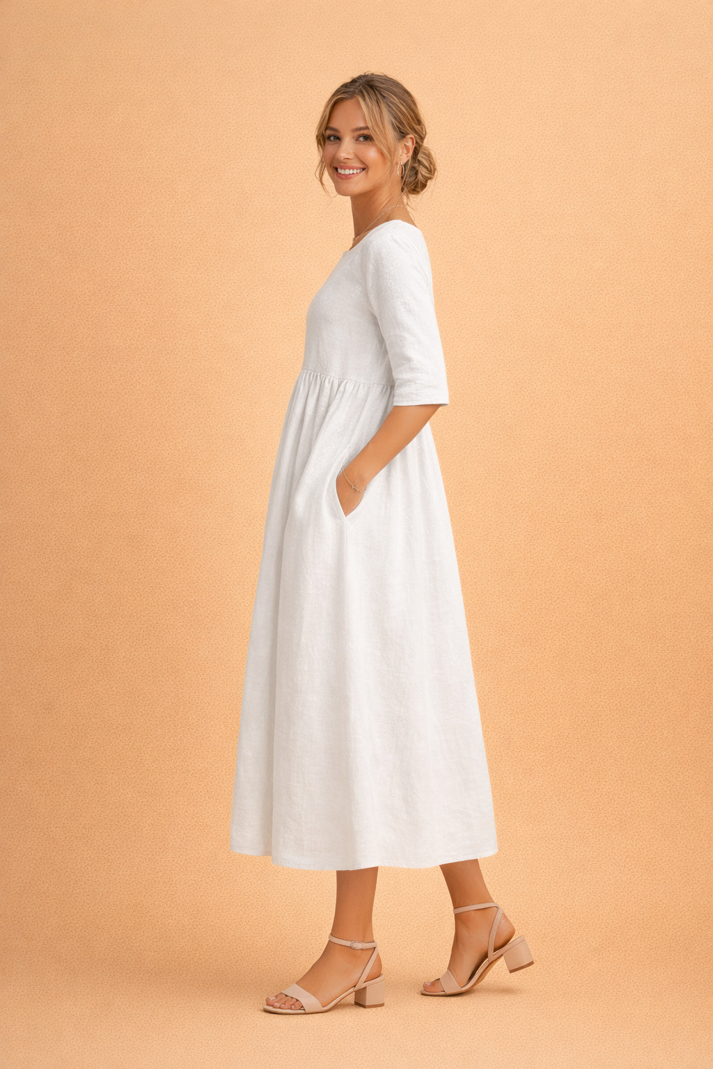Remi | Timeless Gathered A-Line Midi Dress with Sleeves