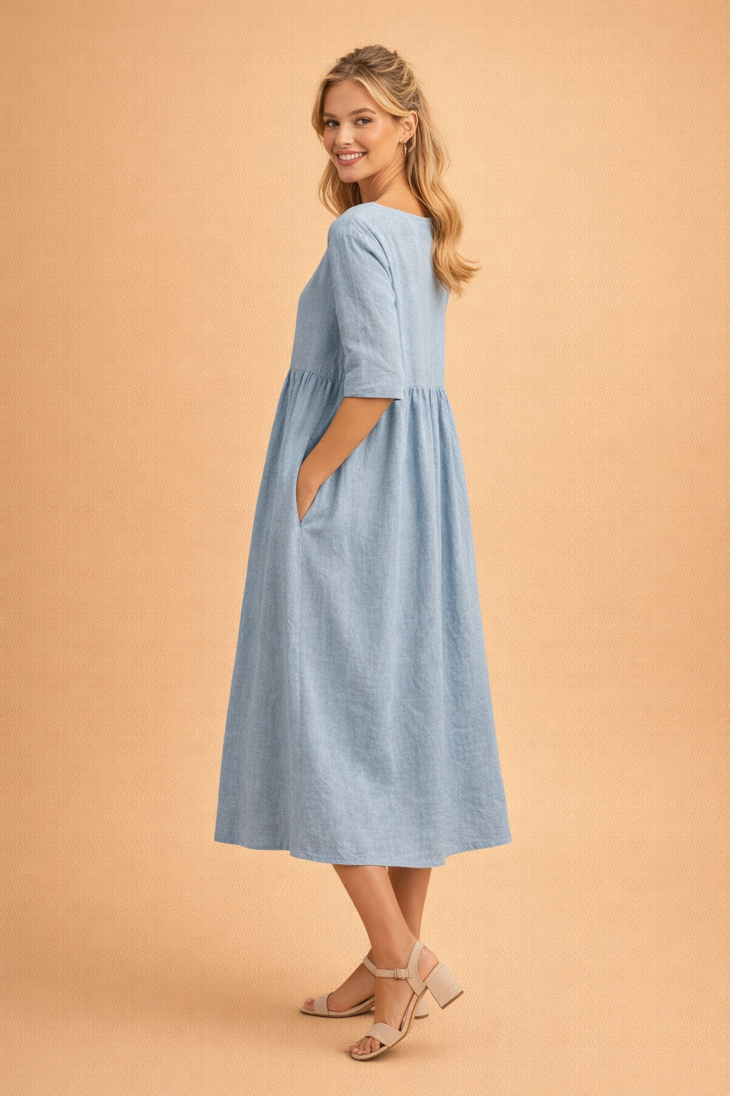 Remi | Timeless Gathered A-Line Midi Dress with Sleeves