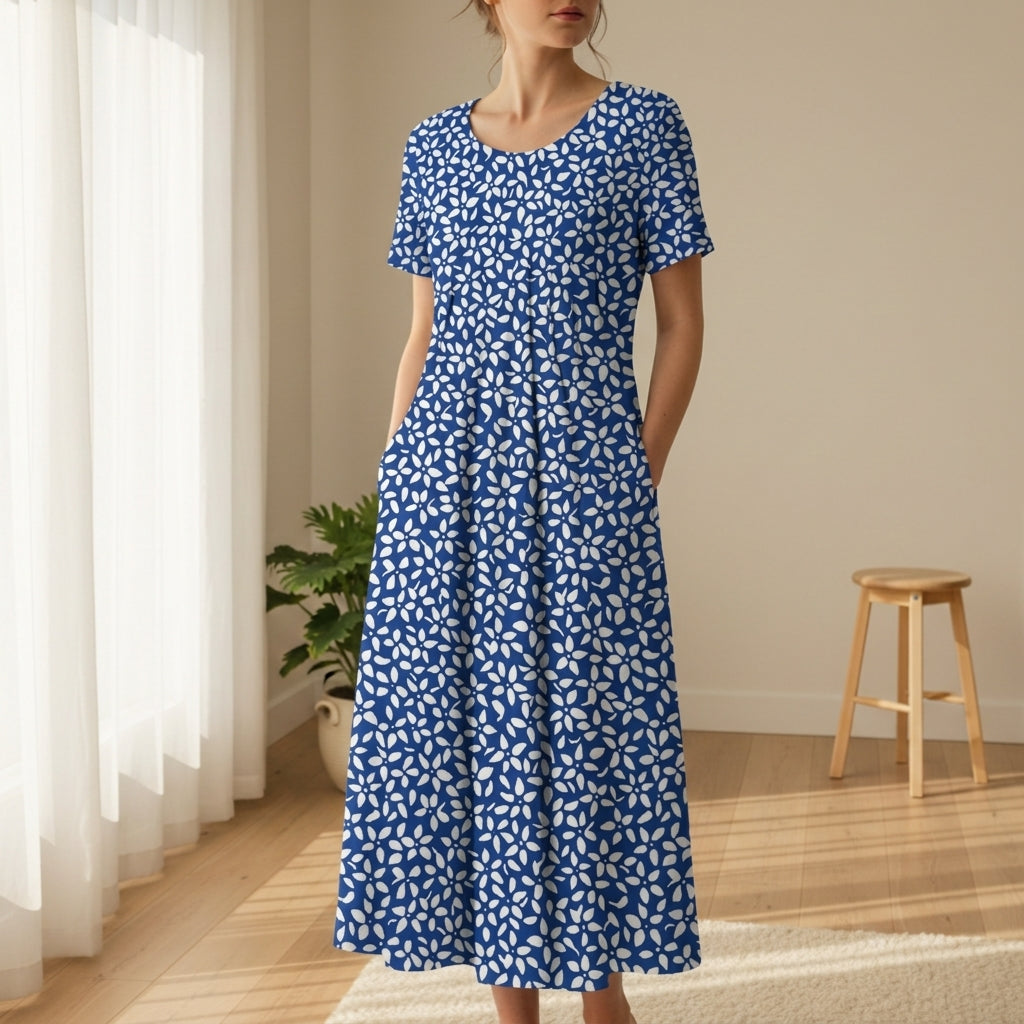 Riley | Leaf Print A-Line Midi Dress with Sleeves