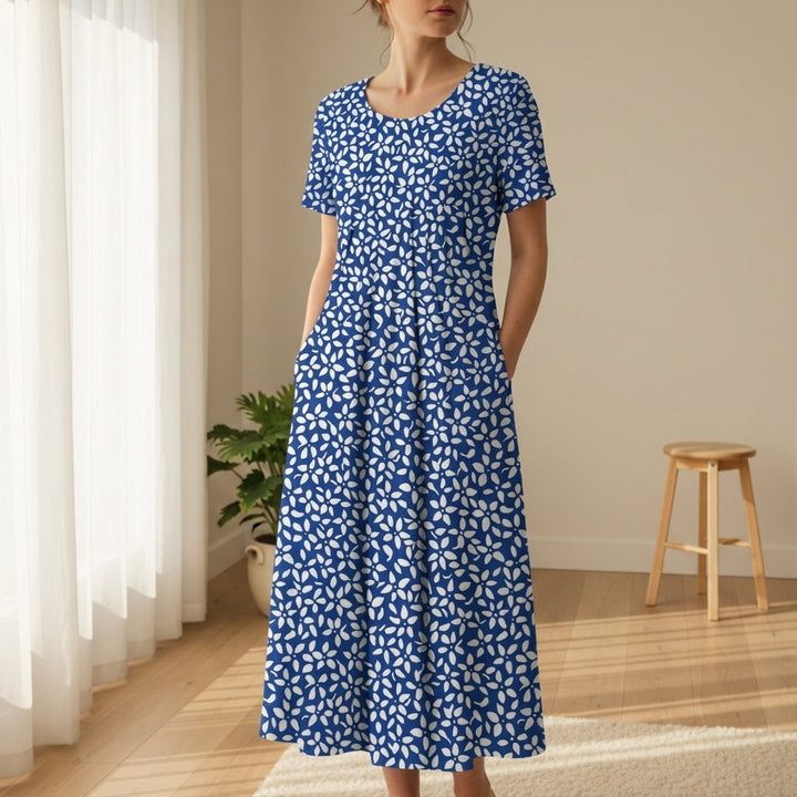 Riley | Leaf Print A-Line Midi Dress with Sleeves