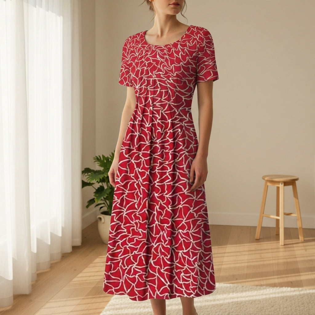 Riley | Leaf Print A-Line Midi Dress with Sleeves