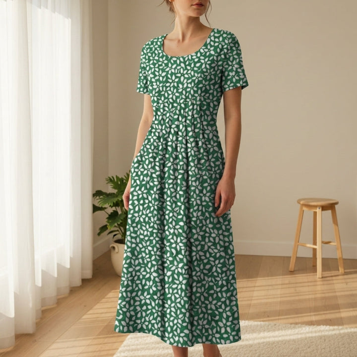 Riley | Leaf Print A-Line Midi Dress with Sleeves